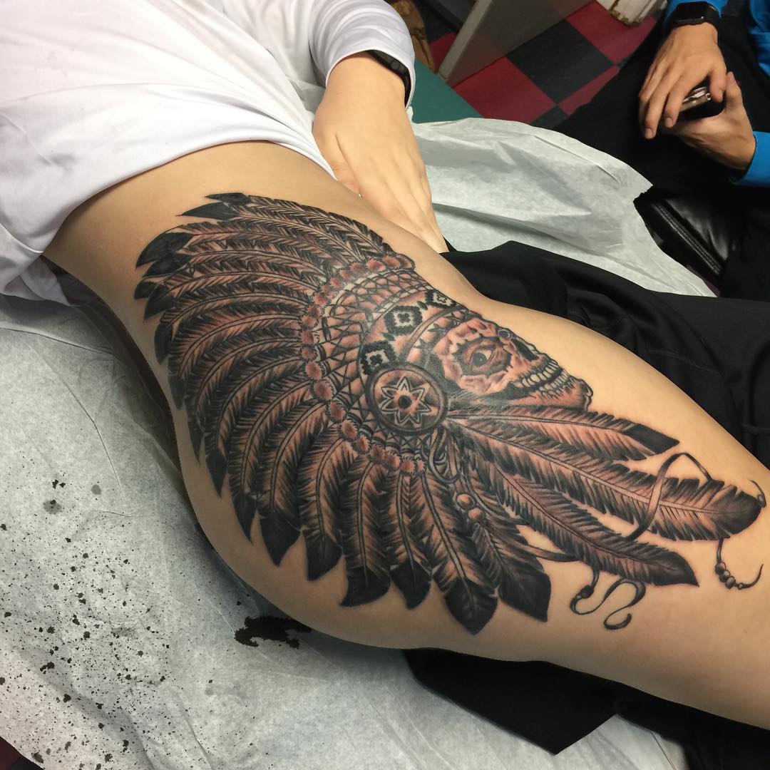 昌小姐大腿印第安骷髅纹身图案
