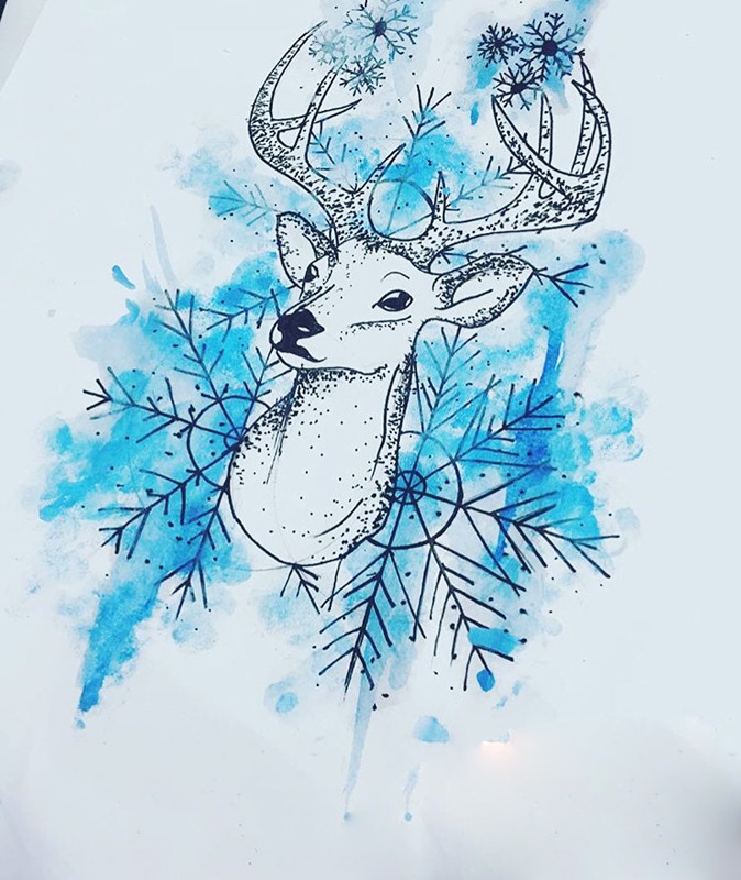 做网络的公先生水彩雪花麋鹿纹身手稿